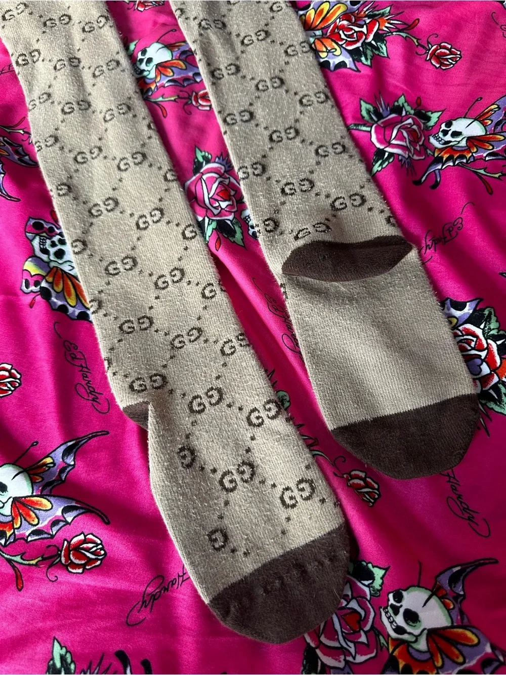 Gucci Beige & Brown Logo Knee-High Socks
